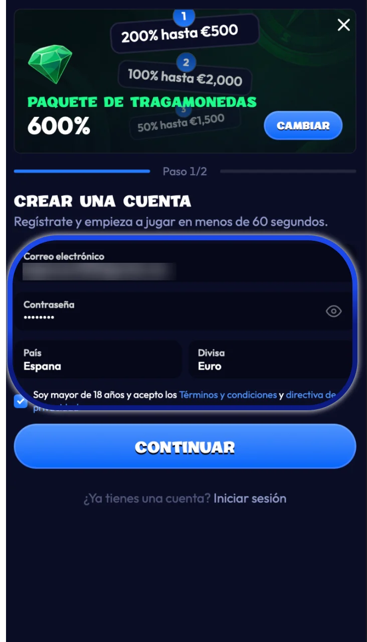 Introducir correo y contraseña